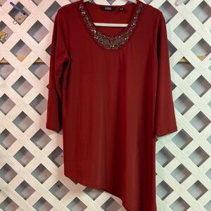 Dennis Basso 3/4 Sleeve Crepe Caviar Tunic Rhinestones Neckline Small Red Garnet